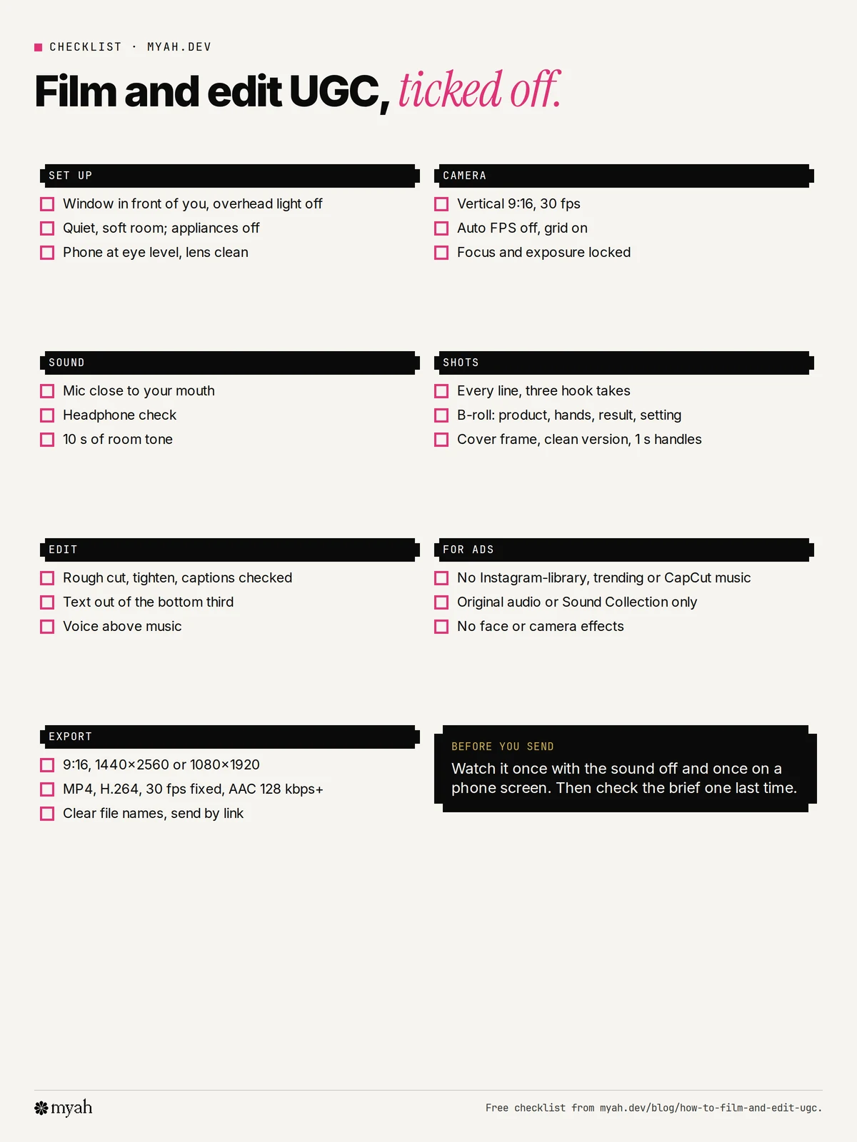 One-page UGC filming and editing checklist with boxes to tick for setup, camera settings, light, sound, shots to capture, editing steps, music rules for ads and export settings.
