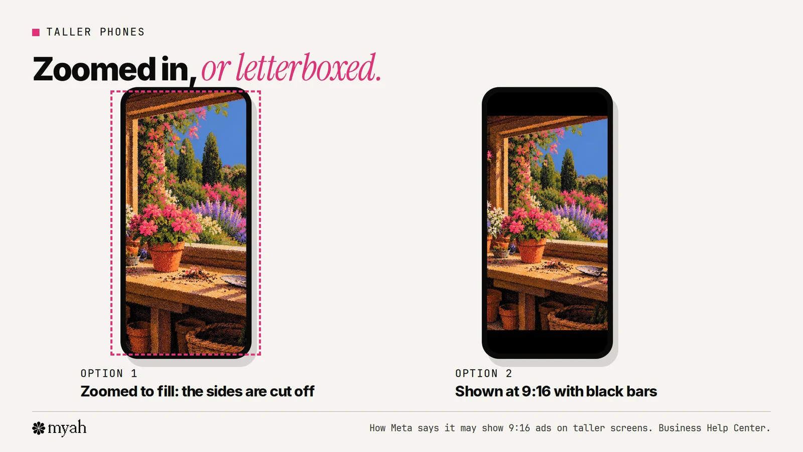 Two tall phone screens showing what Meta may do with a 9:16 video: on the left the video is zoomed to fill the screen and the edges are cropped, on the right it is shown at 9:16 with black bars above and below.