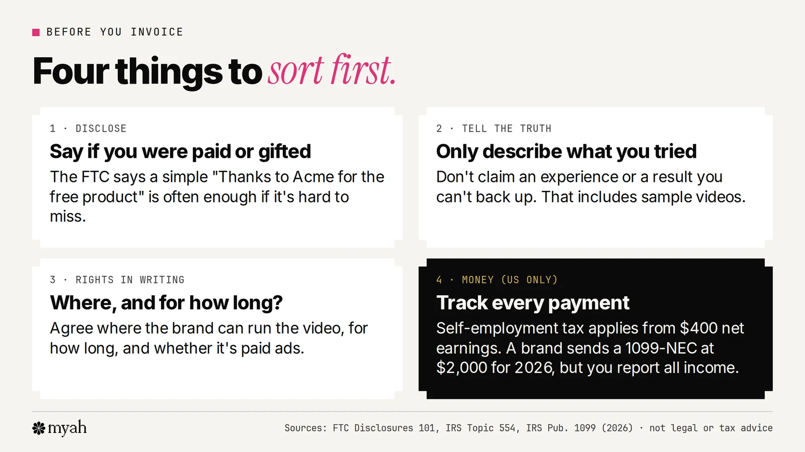 Four cards: disclose if you were paid or gifted, only describe what you tried, put usage rights in writing, and track every payment, with a US-only note on self-employment tax and the 1099-NEC threshold.
