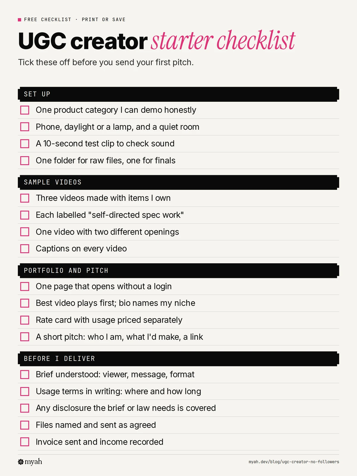 A printable UGC creator starter checklist with four sections: set up, sample videos, portfolio and pitch, and before I deliver.